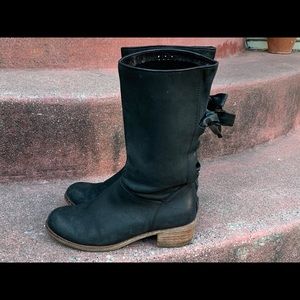 Black UGG leather lace back mid shaft flat boot